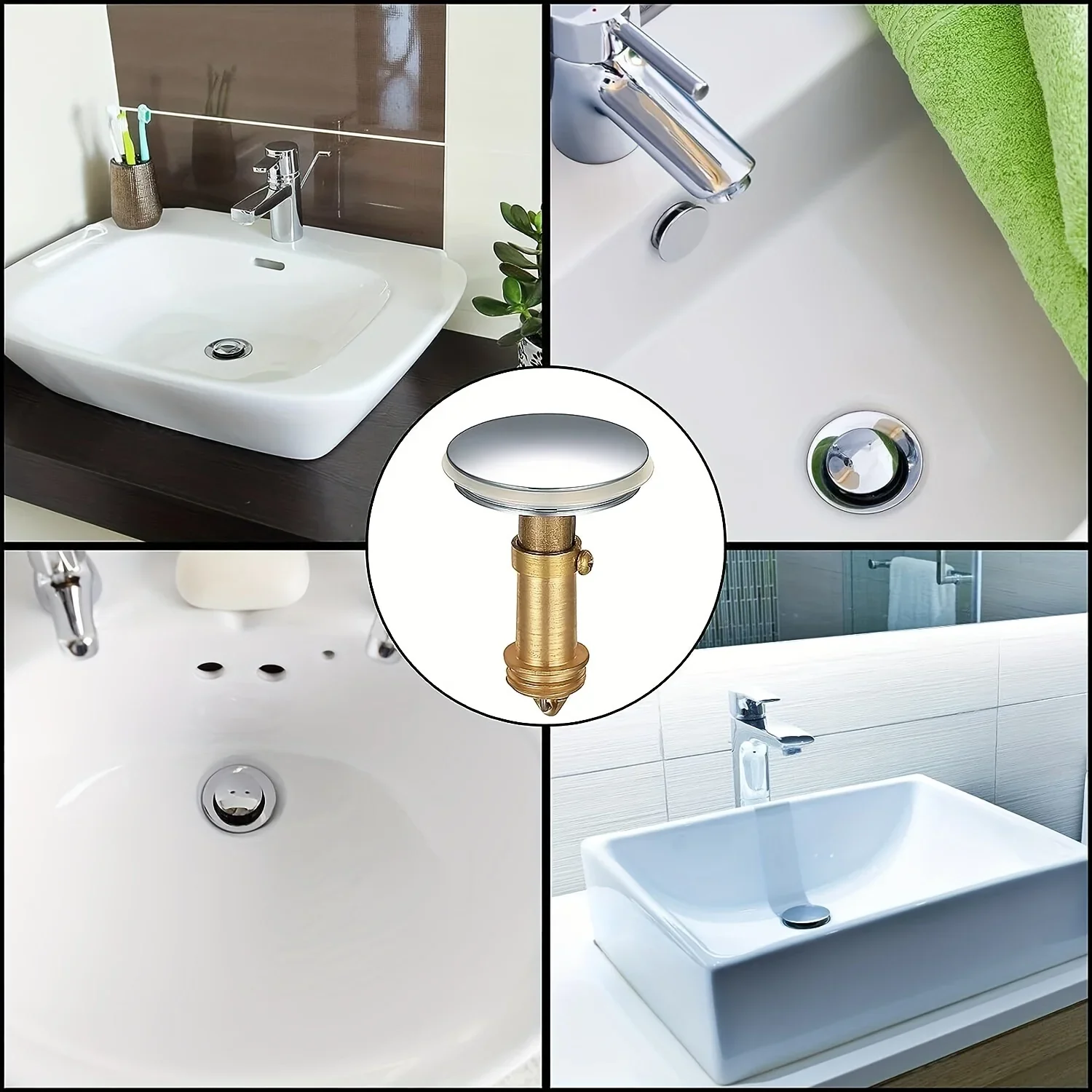 Universal bathroom sink stopper, spring-loaded drain plug, sink drain plug