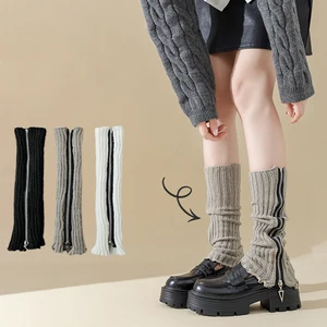 Female Leg Warmers Side Zipper Foot Cover Boot Sock Ribbed Knitted Y2k Gothic Punk Solid Color Women Student Knee High Long Sock