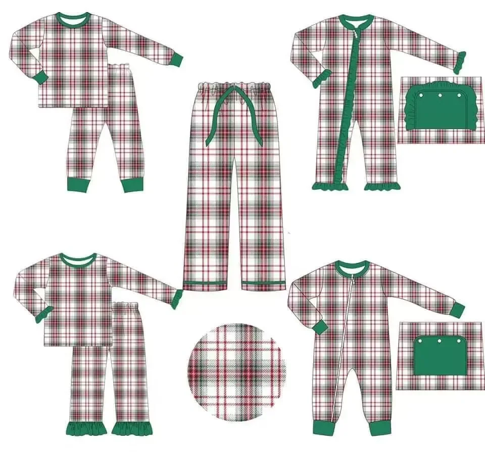 New Design Toddler Matching Set Red Green Plaid Print Boy Girl Matching Long Sleeve Pajama Set Toddler Jumpsuit Boutique Christm