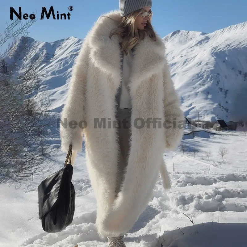 Neo Mint 2025 الشتاء العلامة التجارية الموضة الروسية فتاة نمط مربوط ماكسي فروي معطف الفرو المرأة فو لامب الفراء سترة الساخن مكتنزة ملابس خارجية