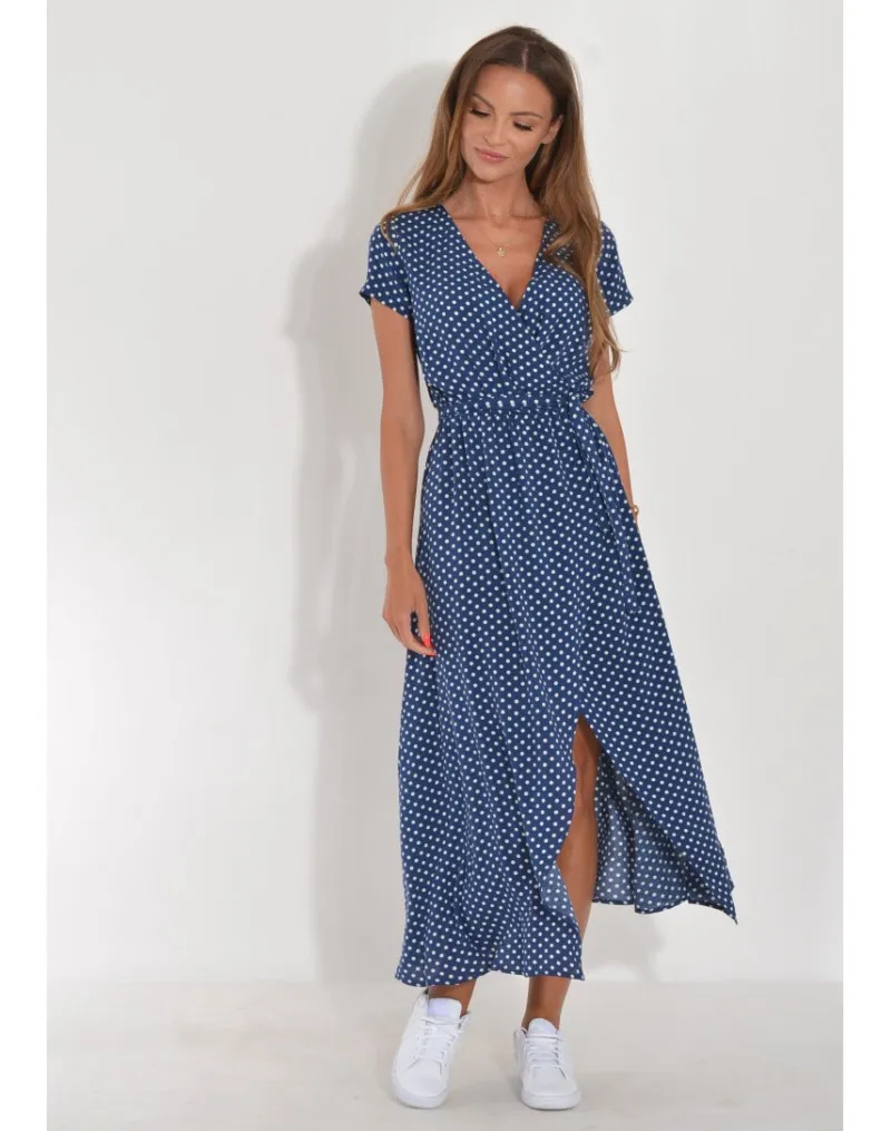 Vrouwen maxi-jurken zomer sexy v-hals split dot bloemenprint elegante uitgesneden jurk vestidos bandage boho jurk robe longue femme