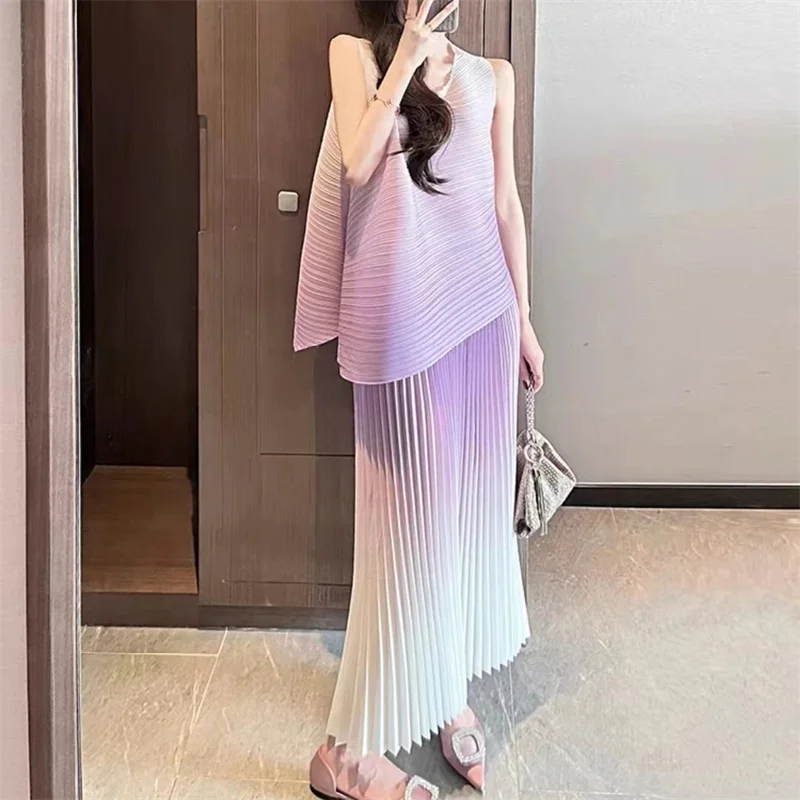 

Small Fragrance Style Fashion Skirts Sets Women Spring Summer Premium Feel Loose Gradient Vest Tops + Pleated Skirts 2 Piece Set