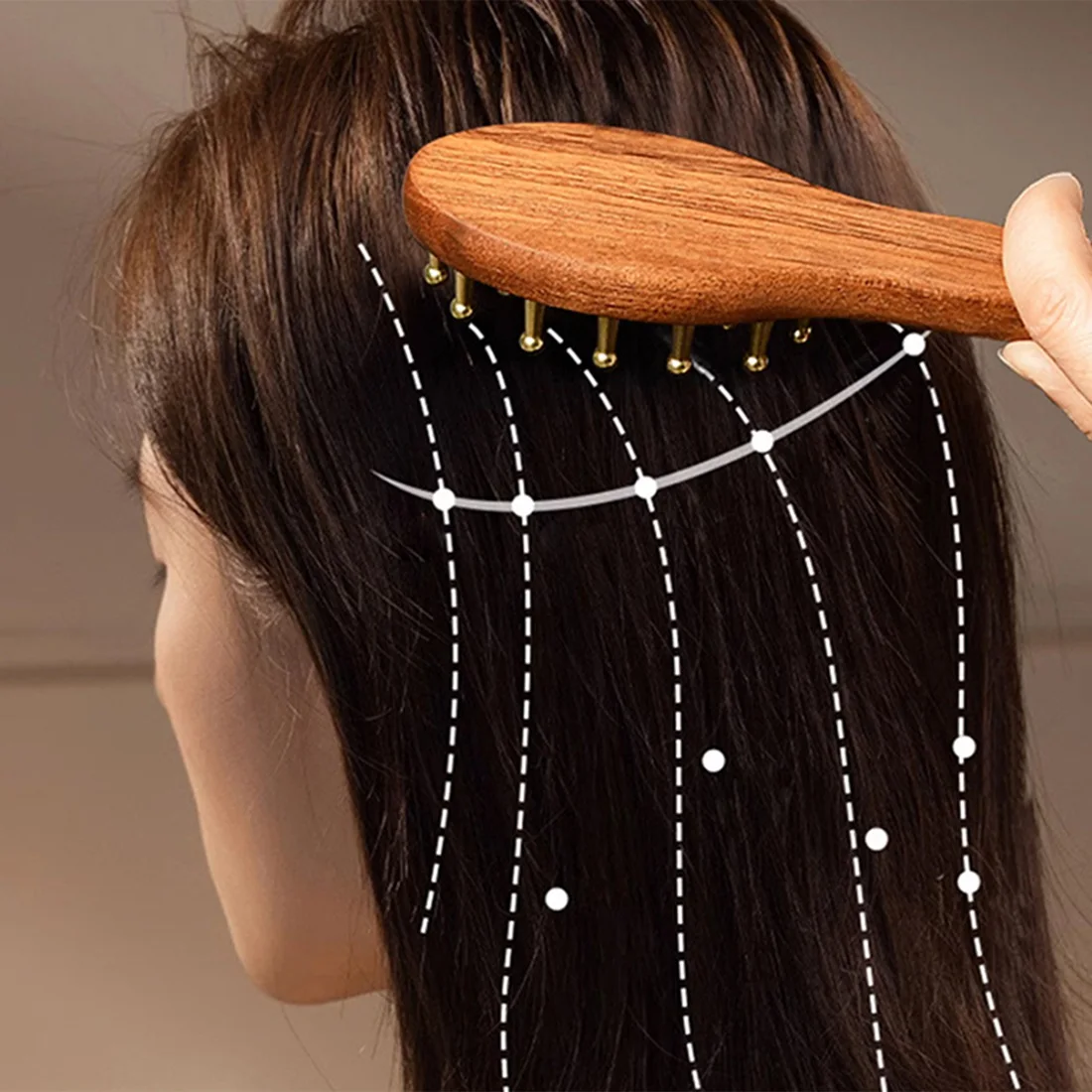 【FITTING】Scalp Head Massage And Gua Sha Tool Brass Long Handled Massage Comb Wide Gold Wire Sandalwood Comb Meridian Head Comb