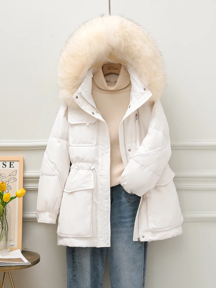 2023 Real Raccoon Fur Collar New Winter Women Pocket 90% White Duck Down Jacket Female Thick Warm Parka Loose Outerwear