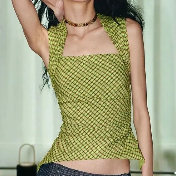 

Retro Contrast Color Plaid Irregular Hem Pinch Pleat Niche Design Sleeveless Vest Top Summer New