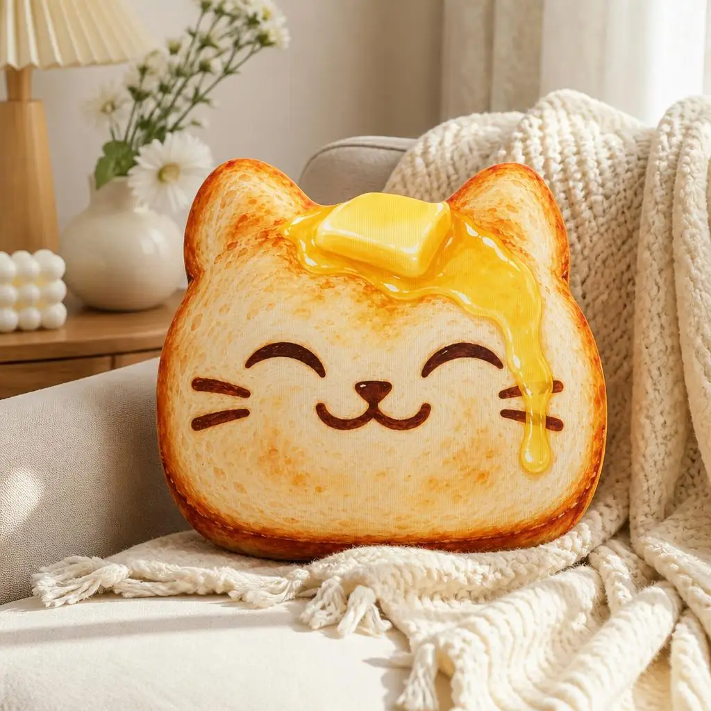 Butter Cat Toast Pillow Cute Breakfast Food Cushion Stuffed Plush Throw Pillow Kawaii Kitchen Decor Gift for Cat Lovers Home