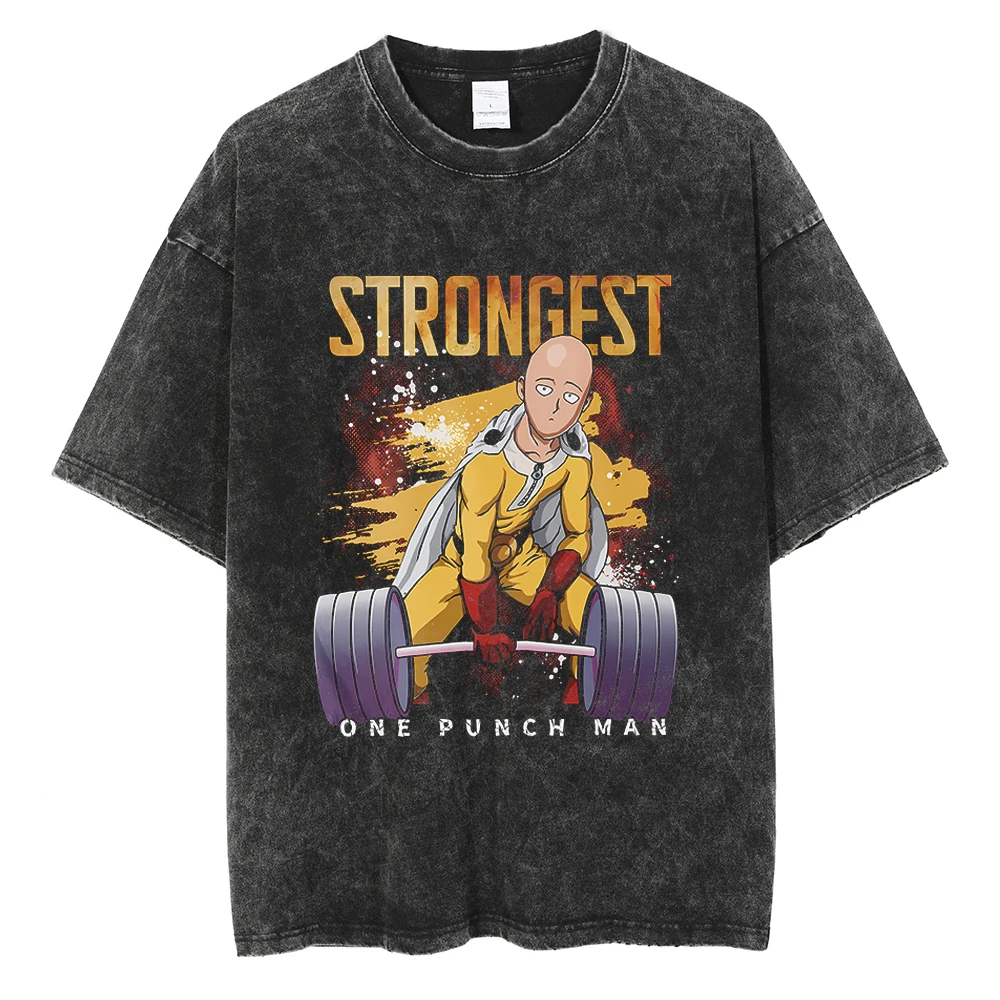 ONE PUNCH-MAN T Shirt Saitama Manga Printed Tshirt Vintage Washed Cotton T-shirt Clothing Summer Short Sleeve Loose Tees Tops