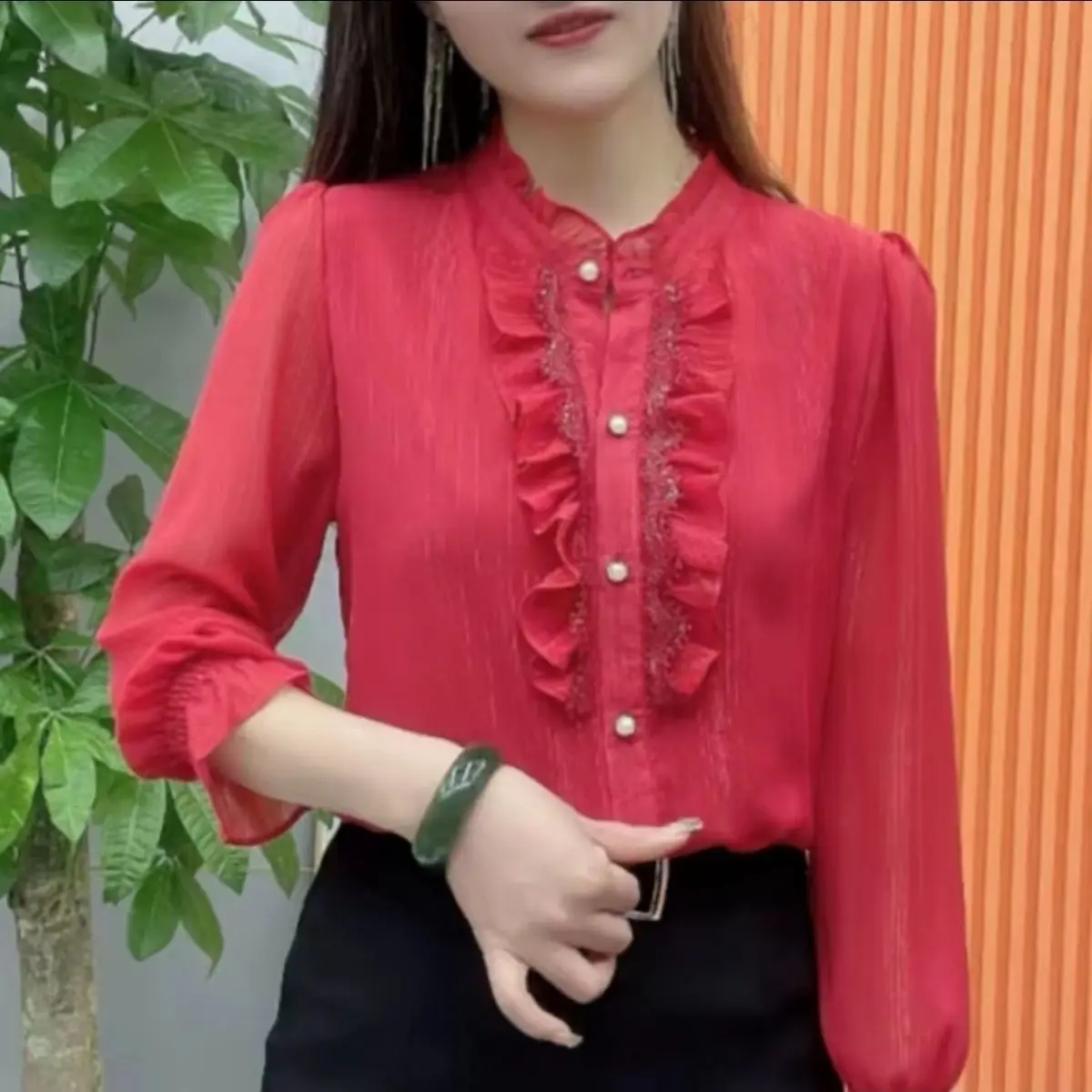 High End Temperament Shirt Women's Long Sleeved New Style Lotus Leaf Collar Solid Color Small Fragrance Style Loose Fit