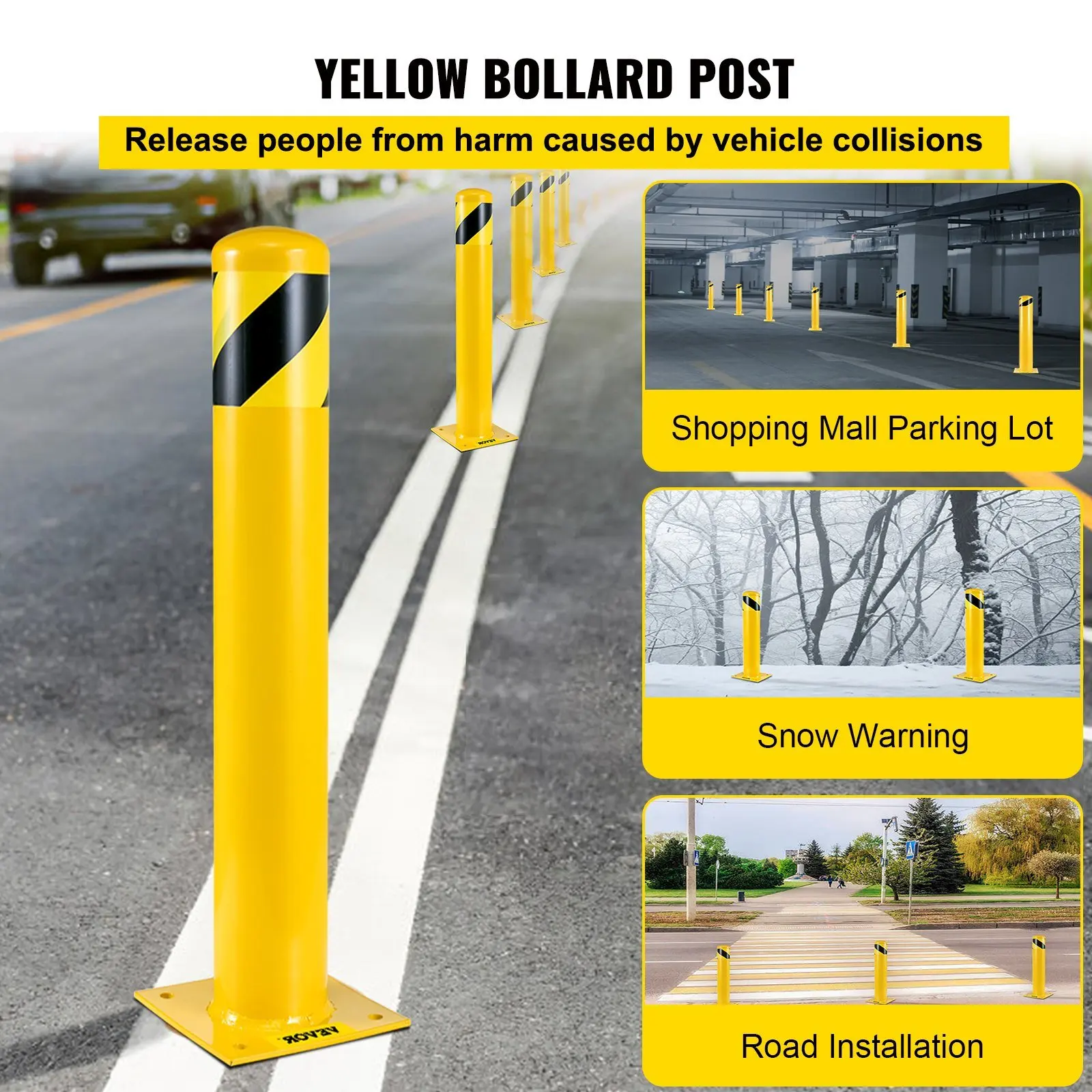 Safety Bollard, 48 Inch Height Bollard Post, 5.5 Inch Diameter Steel Pipe Safety Bollard Post, Yellow Steel Bollard, Steel