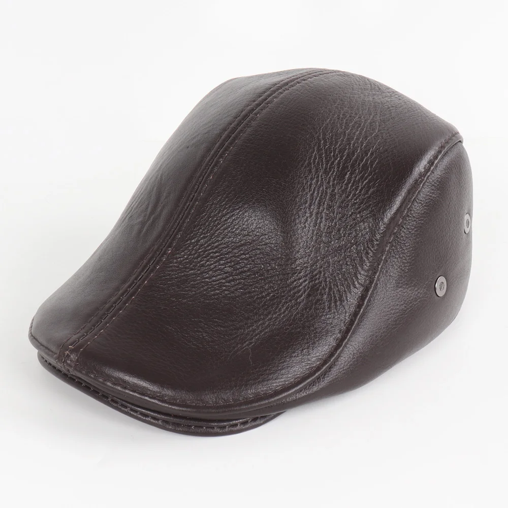 Winter Cow Leather Hat Men Outdoor Keep Warm 100% Genuine Cowhide Leather Peaked Cap Quality Cow Leather Hat With Ear Protection