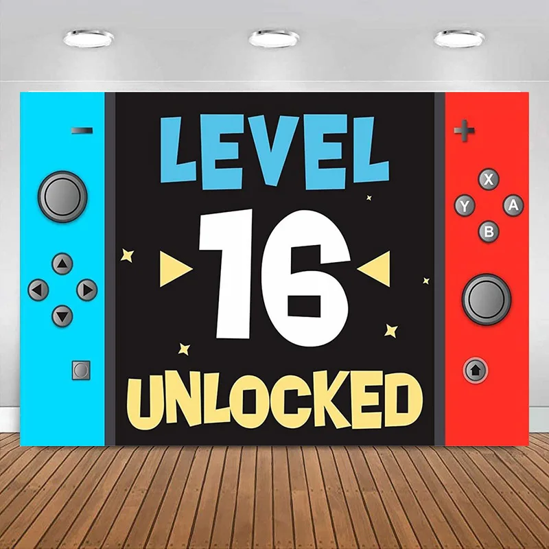 

Level 16th Happy Birthday Banner Backdrop Background Photography Video Game Theme Decor for Boys Girls Party Decorations