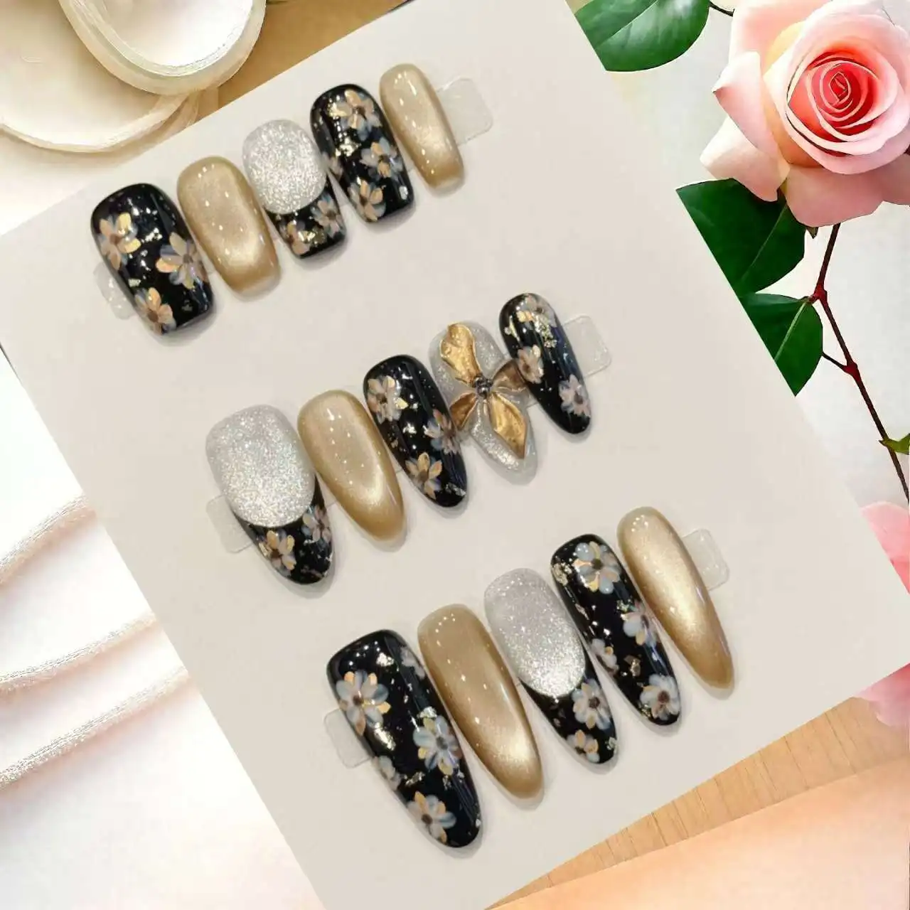 10개입 럭셔리 핸드메이드 네일 빈티지 실버 플로럴 숏 미디엄 롱 디자인 가을 프리미엄 캣아이 글리터 조각 플로럴 네일