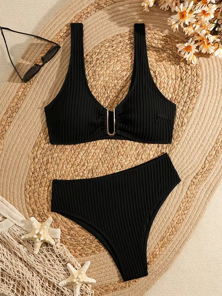 Vzvn Fashion Sexy Solid U Neck Vacation Bikini Set Women Split Swimsuit Beach Bikini 2026 All Season Backless Bikini 2 Piece Set