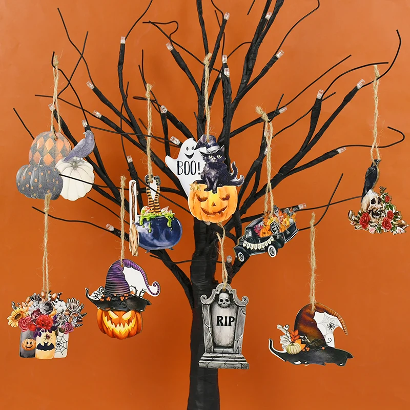 36pcs Halloween Hanging Pendants Halloween Hanging Wooden Tag Tree Ornament Haunted House Decor Halloween Party Decor Supplies