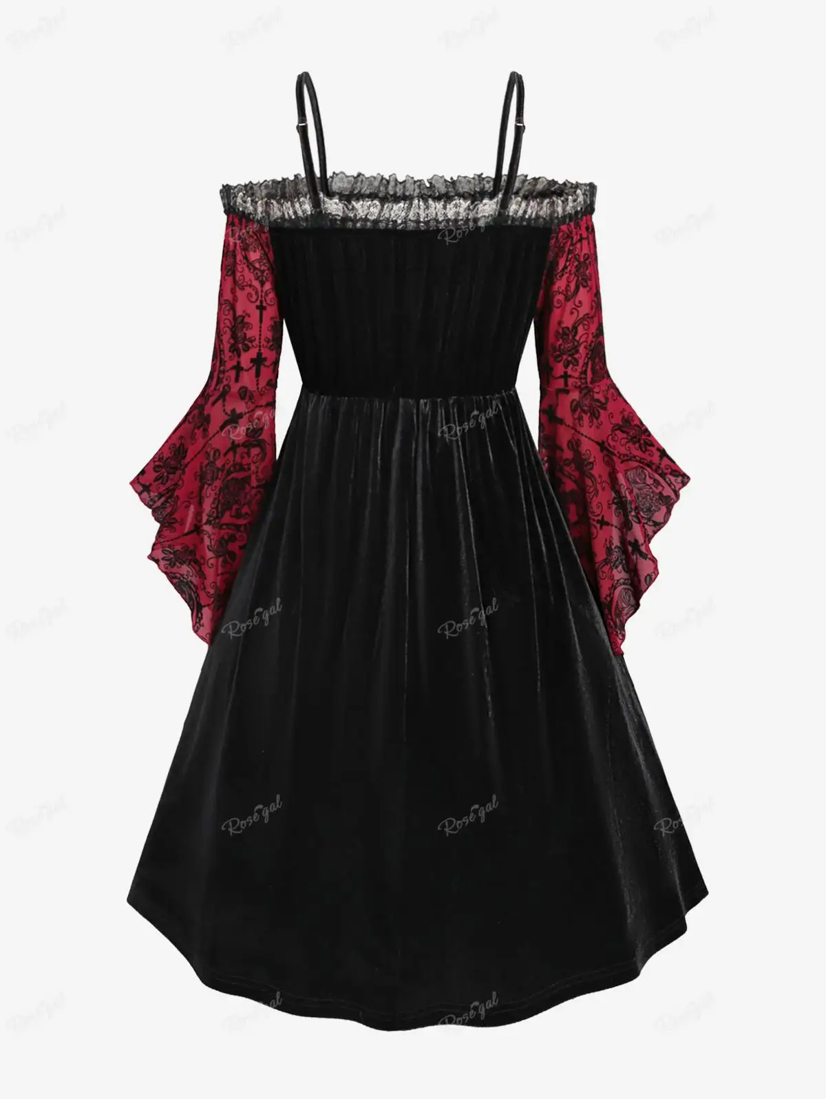 ROSEGAL Plus Size Women's Patchwork Dresses Gothic Off The Shoulder Flare Sleeves Ruched Dress Print Mesh Panel Velvet Vestidos