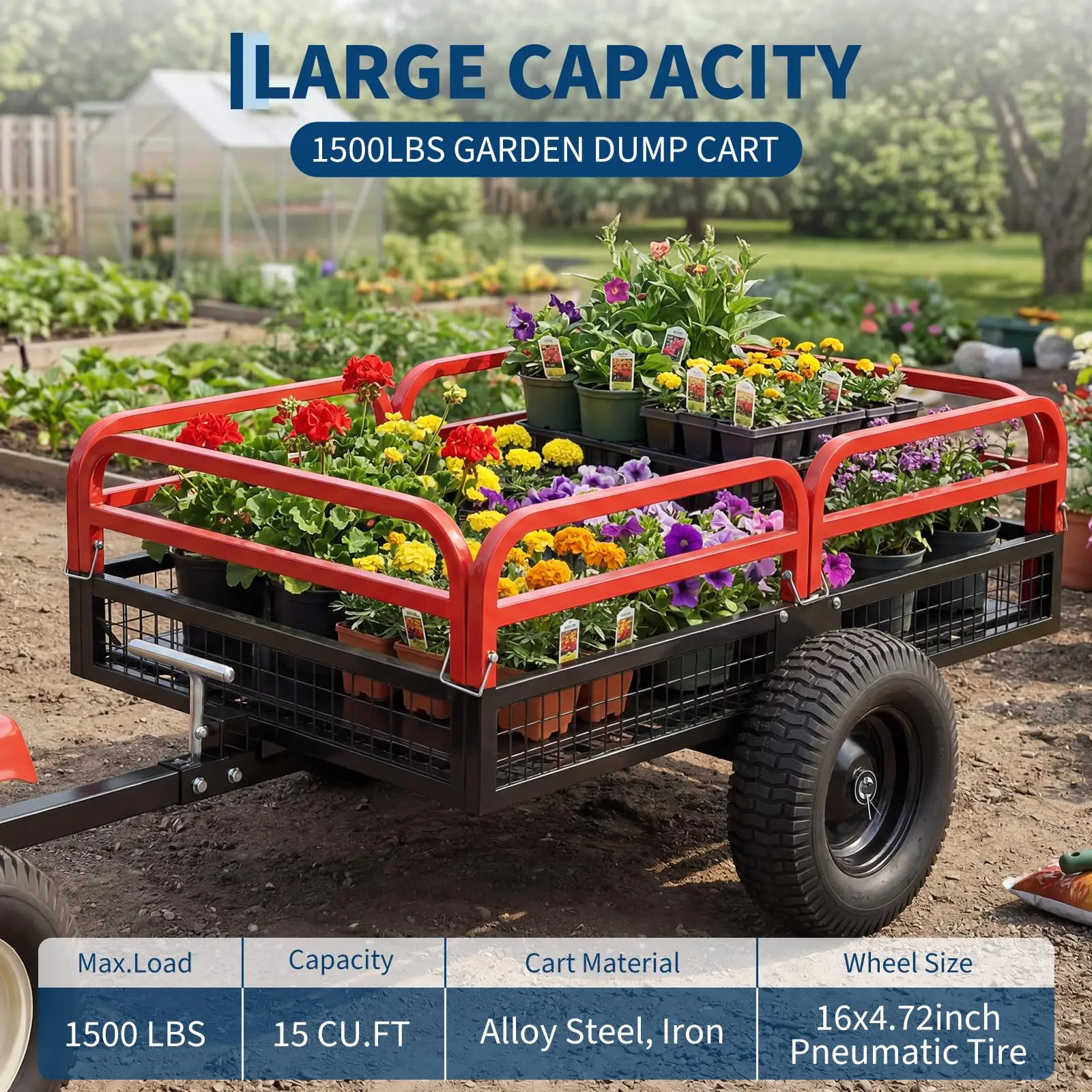 15 Cu Ft 1500lb Heavy Duty Steel Garden Dump Trailer With Removable Sides Hand Pull Foot Pedal For ATV UTV Lawn Tractor