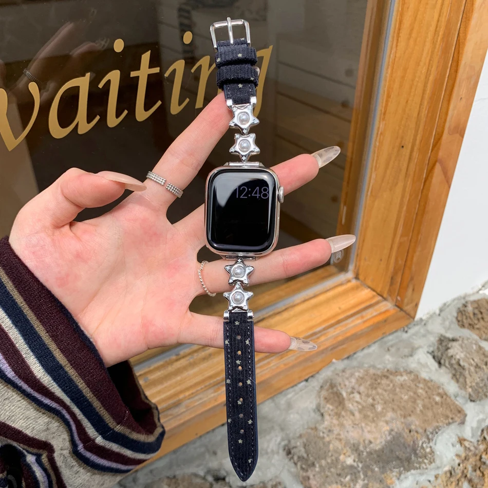 Strap For Apple Watch Series 11 10 9 8 7 6 SE 5 4 3 UItra iWatch 49/46/45/44/42/41/40/38 mm Women's Star Pearl Replacement Band