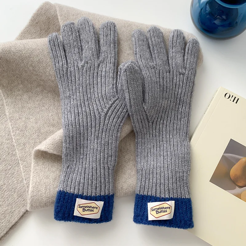 Women Thermal Knitted Gloves Winter Labeled Thickened Thermal Gloves Touch Screen Striped Finger Unisex Thermal Gloves