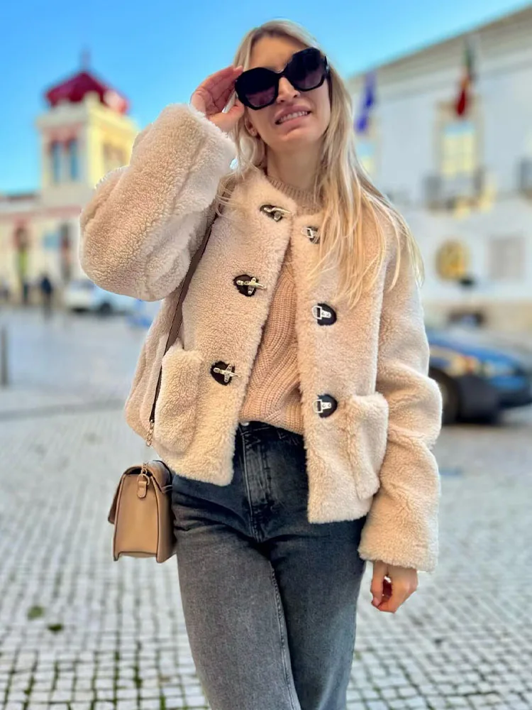 HH Women Autumn Fashion Versatile 2-Color Buckle Fleece Coat Female Round Neck With Pockets Street Casual Warm Short Jacket