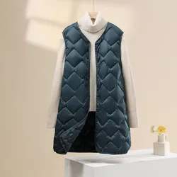 Women's Ultra Light White Duck Down Long Vest Sleeveless Jacket V-Neck Diamond Style Autumn and Winter Fashion Top 2024 New