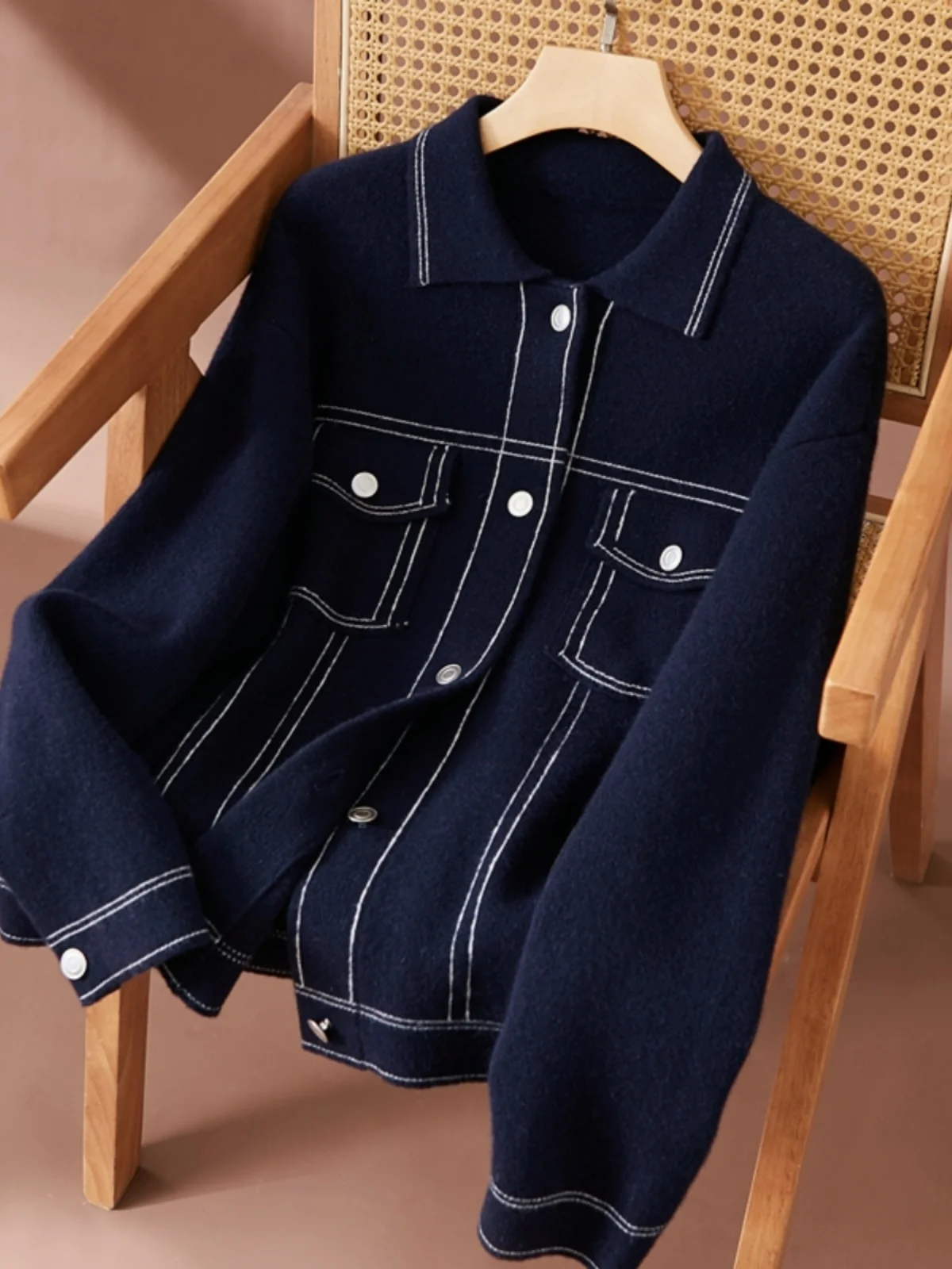 Chaqueta de punto de Cachemira gruesa con capa de aire retro de tendencia, chaqueta informal holgada para mujer, cárdigan con cuello polo temperamento