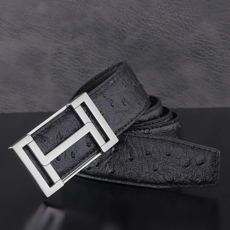 

High quality letter slide buckle belts men gray Ostrich pattern genuine leather Black fashion 3.8cm wide waist strap Waistband