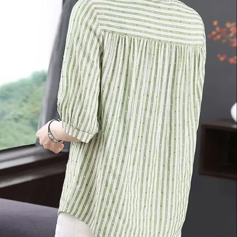 2026 Spring and Summer Women's Polo Collar Button Cover Head 1/3 Sleeve Striped Mid Length Shirt Fashion Commuter Casual Tops