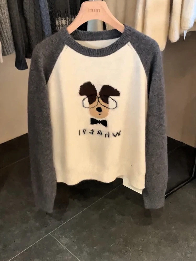 

Korean Sle Large Size Knitted Sweater Color Blo Cartoon Design Autumn Winter New Arrival Versatile Faionable Women's Top