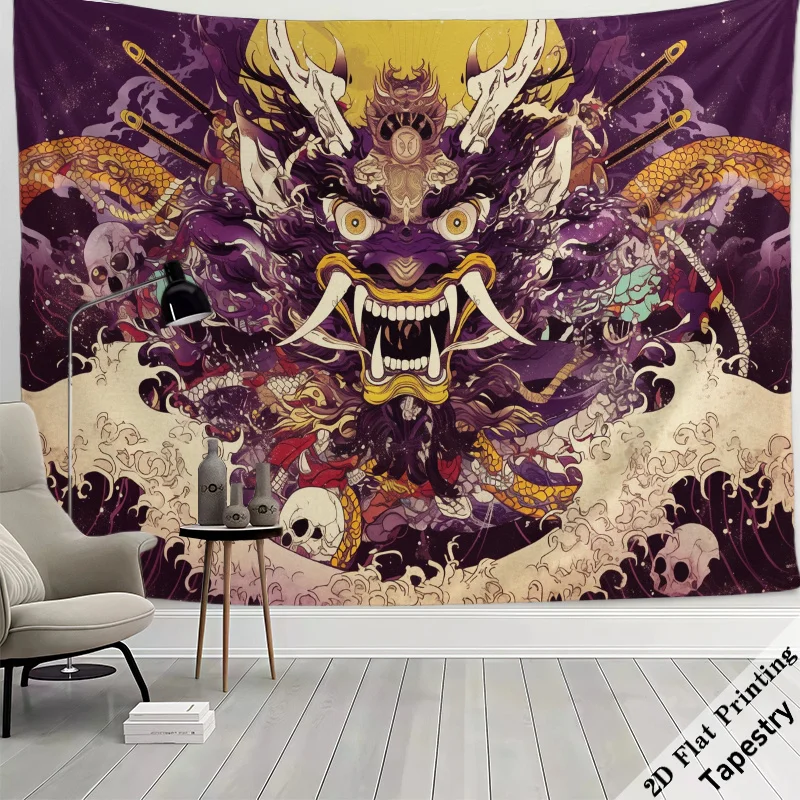 Mythological Japanese Demon Dragon Oni Skull Tapestry Dark Anime Wall Hanging Decor 180x280cm Gothic Tapestry Art