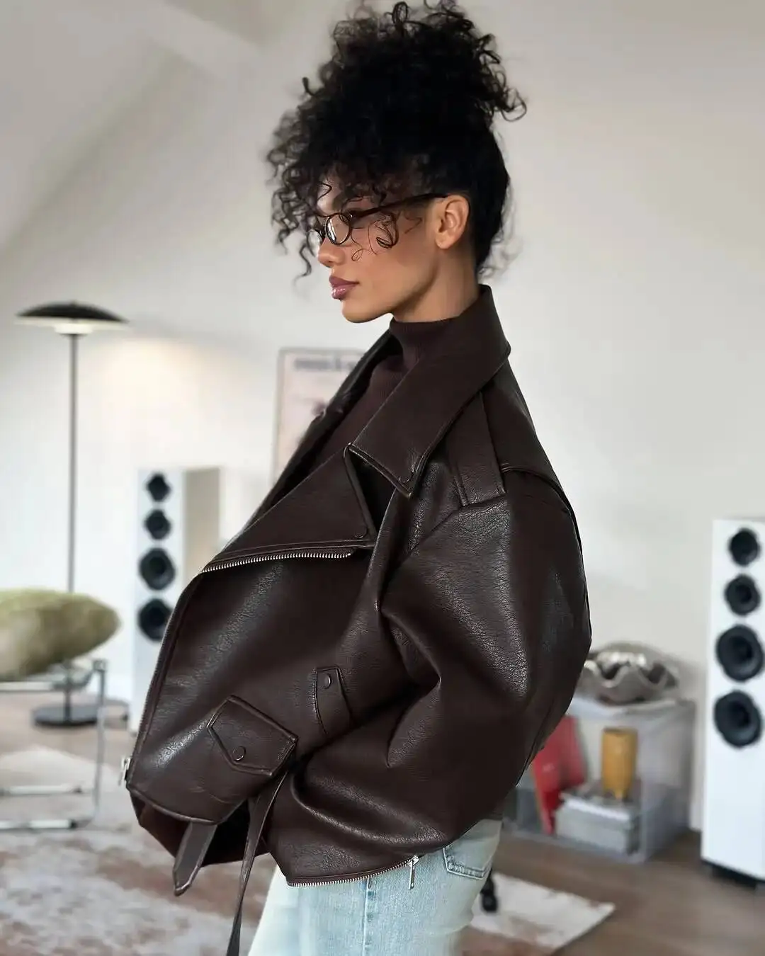 

Casual Black Leather Lace Up Short Jacket Women Long Sleeve Zipper Lapel Loose Button Coat Lady Daily High Street Outerwear 2025