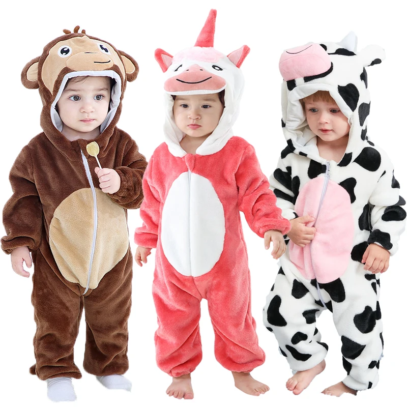 Toddler Boys 1 to 2 3 4 Years Rompers Baby Girl Kigurumi Pijama Monkey Unicorn Cow Animal Cosplay Costume Winter Plush Jumpsuit