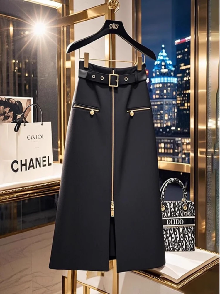 

Black High Waist Asymmetrical Midi Skirt Women's Winter Elegant Slimming A-Line Skirt Loose Drapey Half-length Skirt