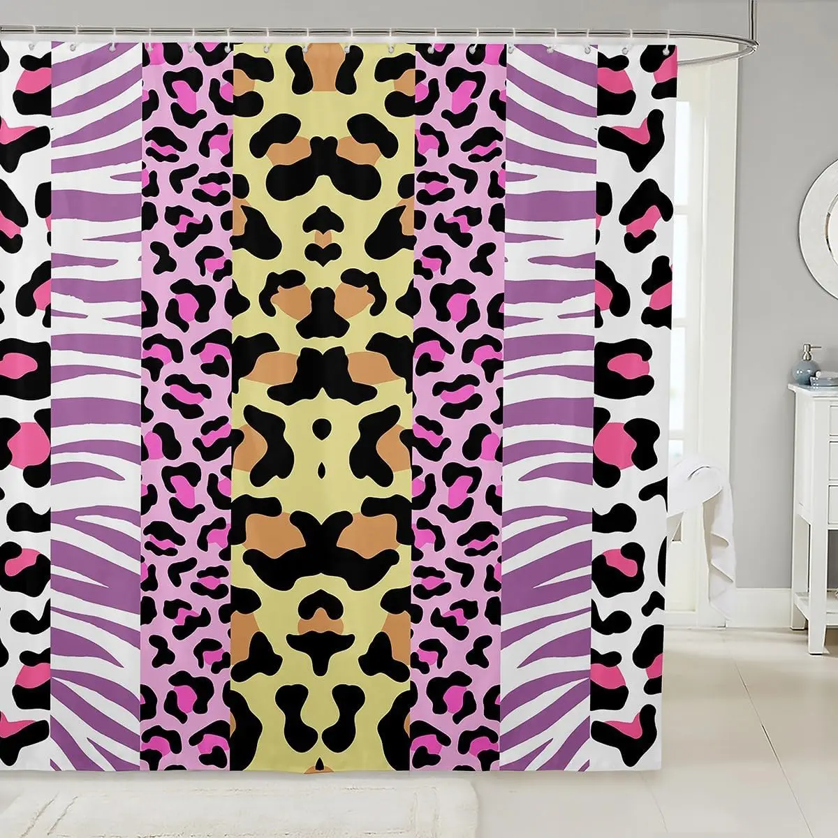 Pink Bowknot Glitter Shower Curtain Abstract Leopard Cheetah Zebra Skin Girls Women Bow-tie Shining Diamond Bathroom Curtain