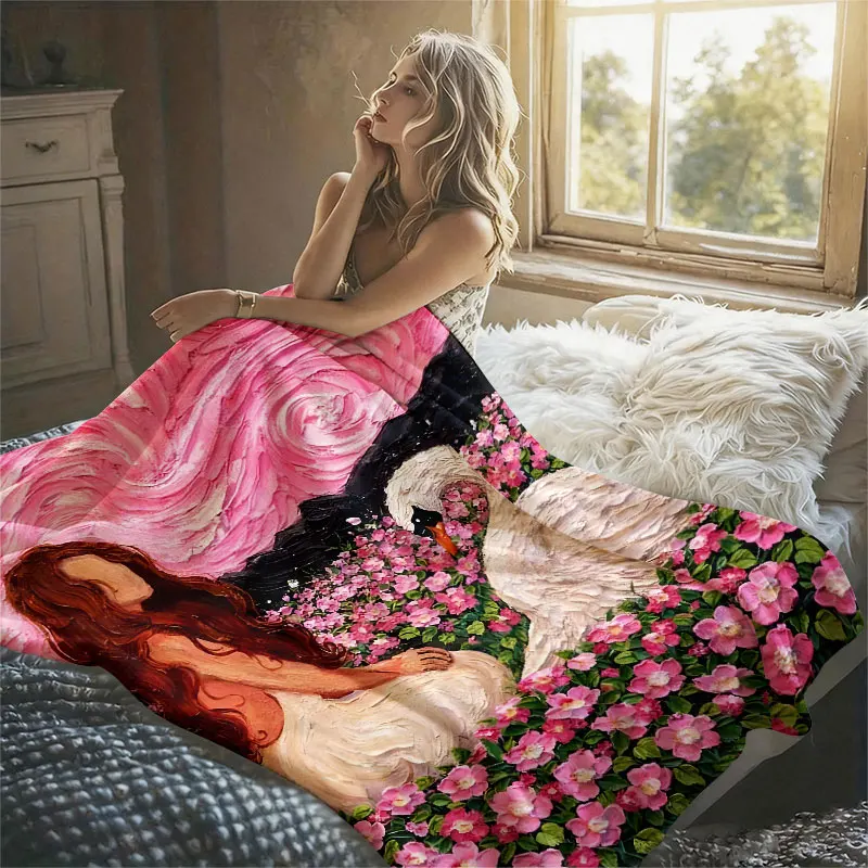 Pink Swan Girl Oil Painting Flannel Blanket Warm Soft Halloween Christmas Decorative Couch Warm Cozy All-Season Gift