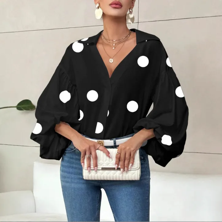 2025 Primavera Autunno Nuovo Alla Moda Polka Dot Mezza Colletto Camicia da Donna Casual Allentato Bolla a maniche lunghe Ufficio Magliette E Camicette Femminile