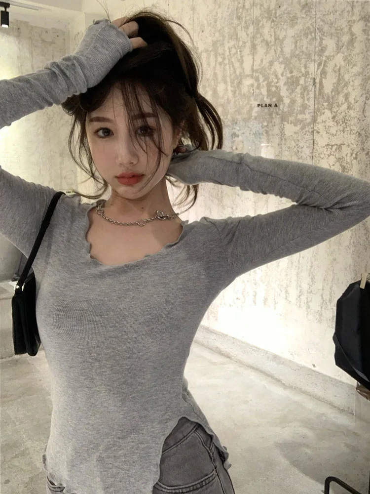 Long Sleeve T-shirts Women Fungus Line Irregular Hem Knitted Slender Autumn Bottoming Tees Chic Fashion Sexy Solid Ulzzang New