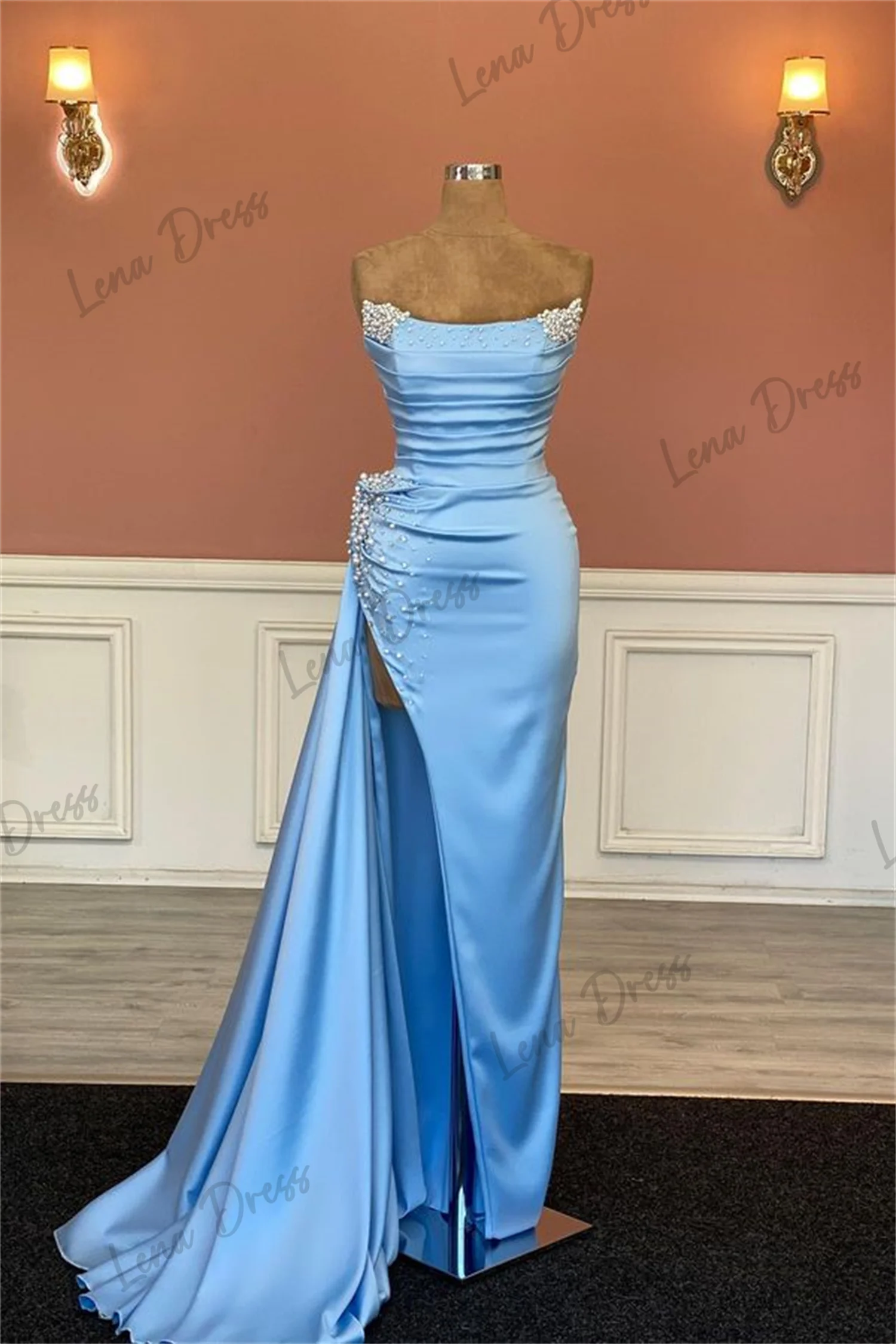 

Lena - Shoulderless Prom Dress Women's Long Dress Suitable for Special Activities Mermaid Pearl Decoration Blue Split Prom Dress