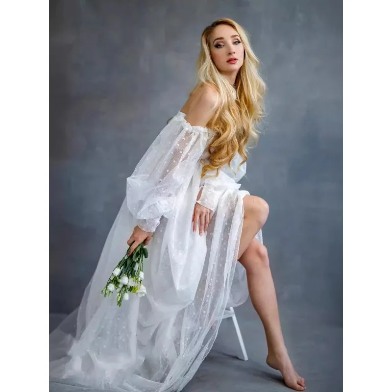 Elegant Maternity Long Photography Dress Pregnant Props Gown White Dot See Through Maternity Photo Shoot Tulle Dress