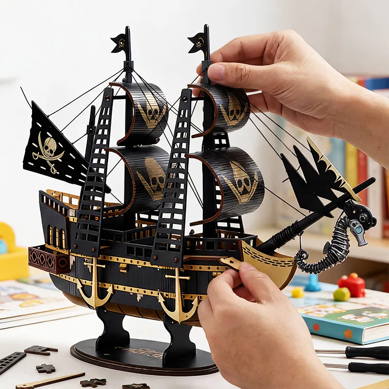 3d-木製パズル海賊船-diy-組み立て木製帆船モデルキット教育玩具子供のための