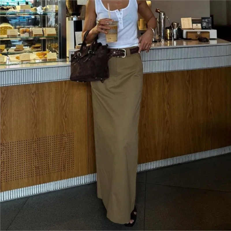 

Loose Khaki Cotton Women's Skirt 2025 Casual High-waisted Maxi Skirt Elegant Classic Solid Color Skirt Women's Clothing