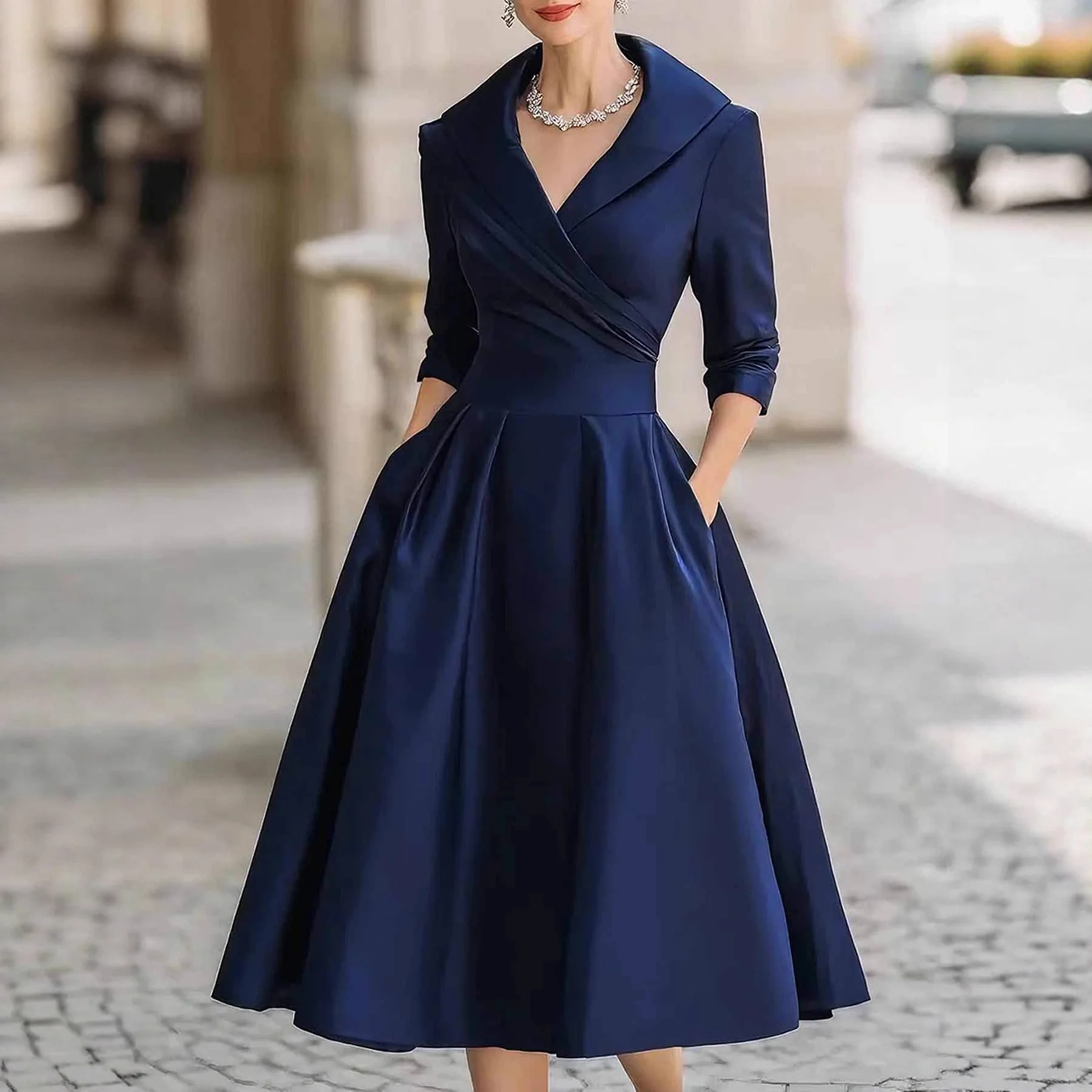 

Elegant Women Wedding Guest Dress Turn Down Collar Pocket Mid-Length Evening Party Dress Cocktail Midi Swing Dresses