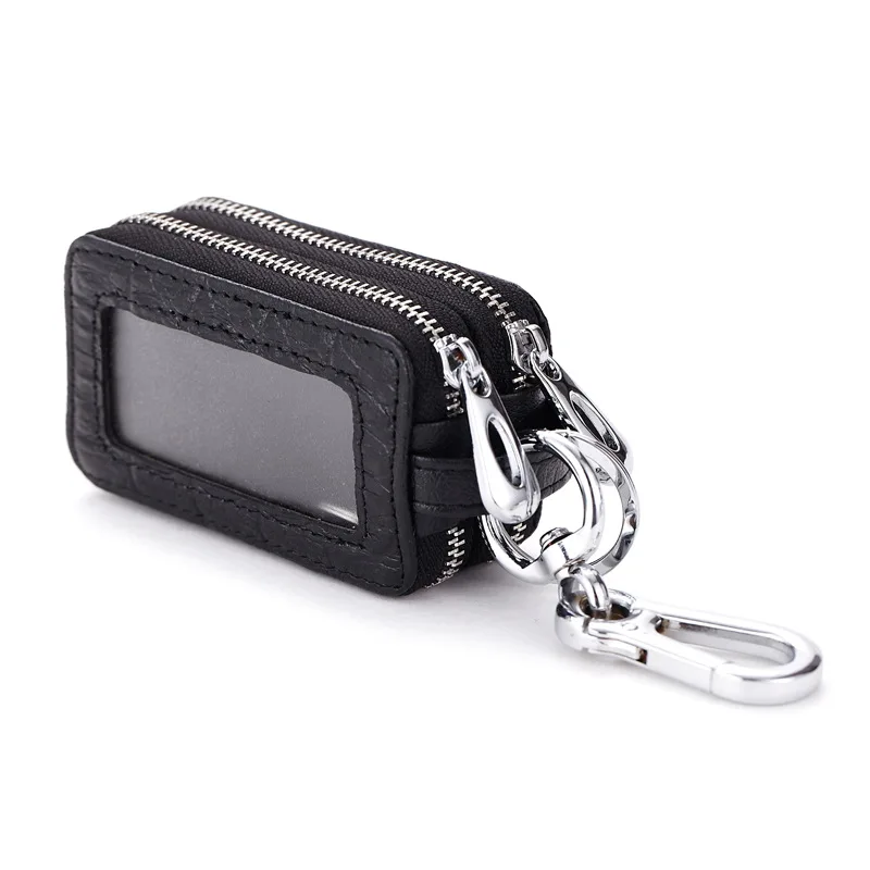 Cartera de cuero genuino para hombre, bolsa de llaves de coche con doble cremallera, funda de llavero de gran capacidad, organizador de carteras pequeñas