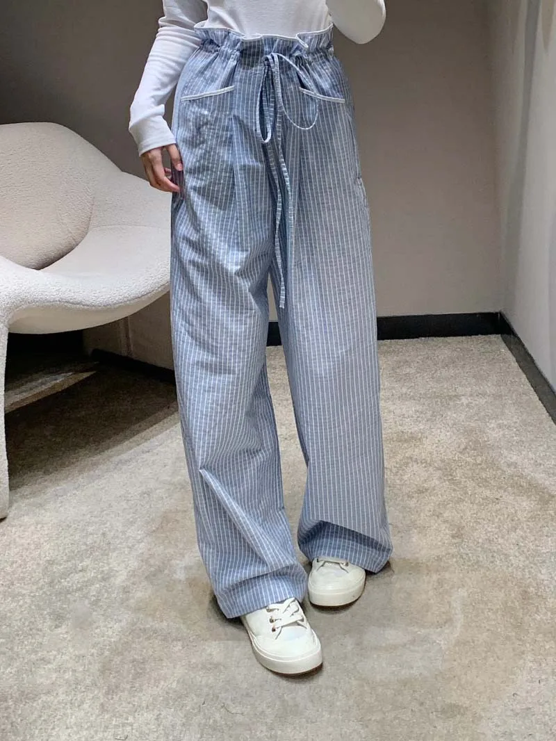 

Girls' style women's pants, fashionable, sweet, anti-aging, youthful and energetic, flower bud waist striped wide leg pants