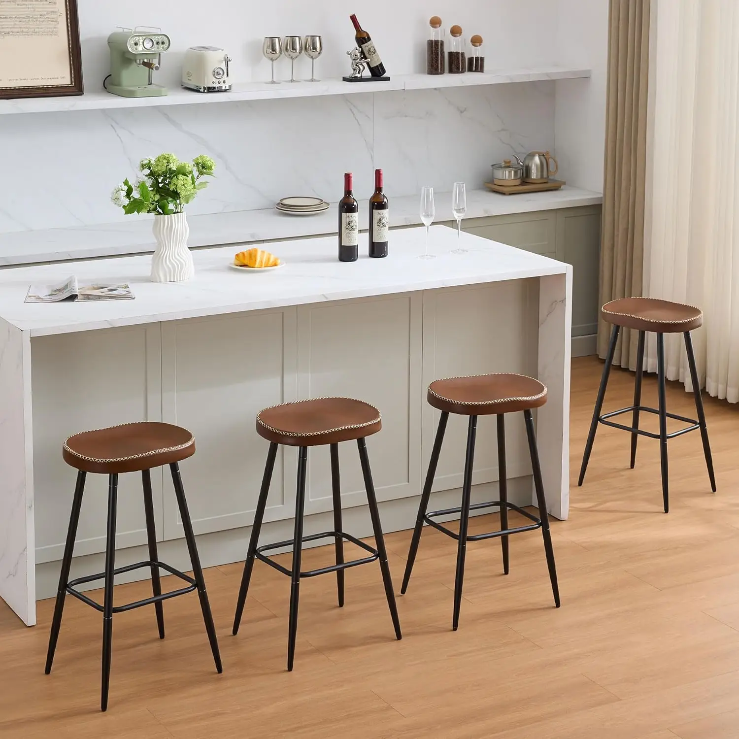 Bar Stools Set of 4, Modern Brown Faux Leather Back, 28' Kitchen Island Stools (4 PCS)