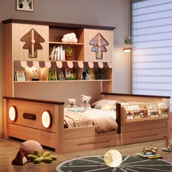 Log color children's wardrobe bed integrated small apartment household tatami space saving bed with guardrail boys and girls