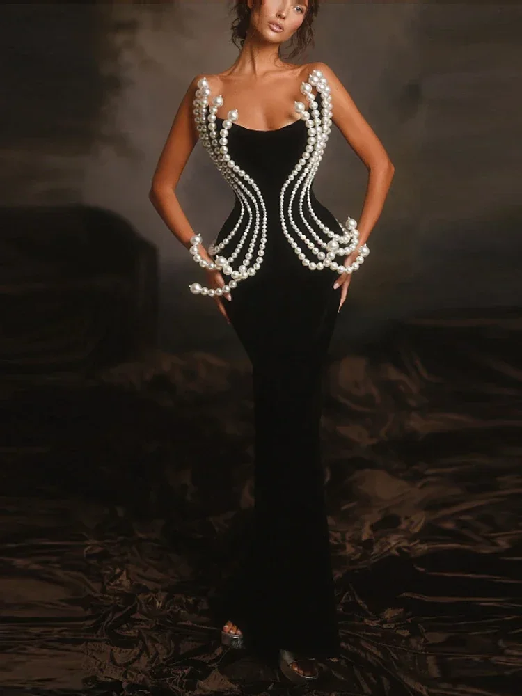 

Sexy Strapless Pearl Beaded Design Long Bandage Dress Women Black Sleeveless Backless Beading Bodycon Dresses Evening Party Gown