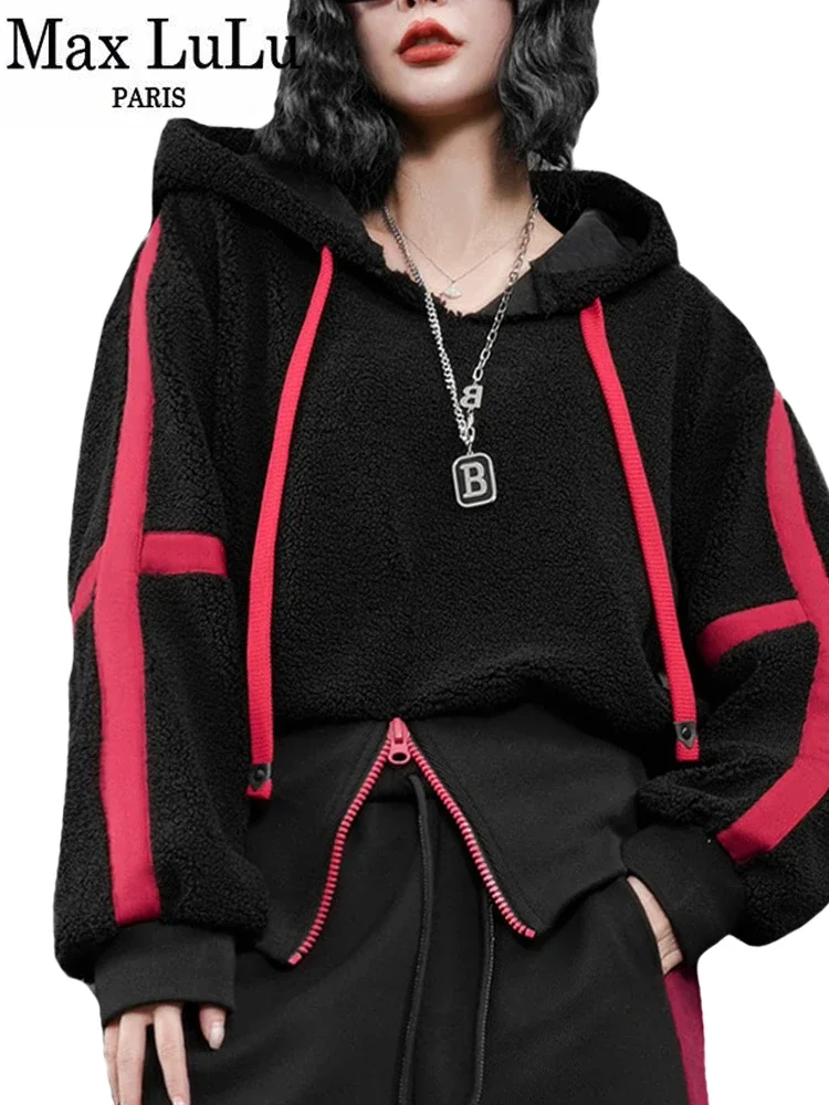 Max LuLu Korean Winter Fashion Loose Hoodies Womens Vintage Striped Sweatshirts Ladies Classic Leisure Punk Hooded Fur Clothes