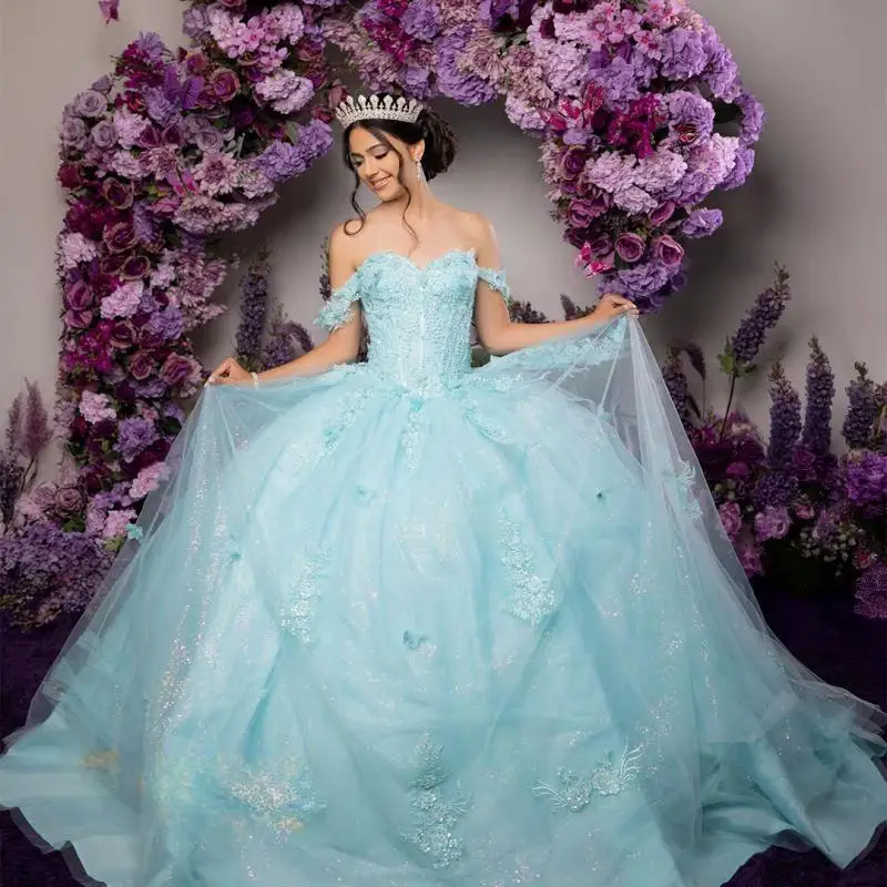 

Customized Sky Blue Shiny Quinceanera Dresses Ball Gown Off Shoulder Applique Lace Beads Tulle Party Princess Vestidos XV Años