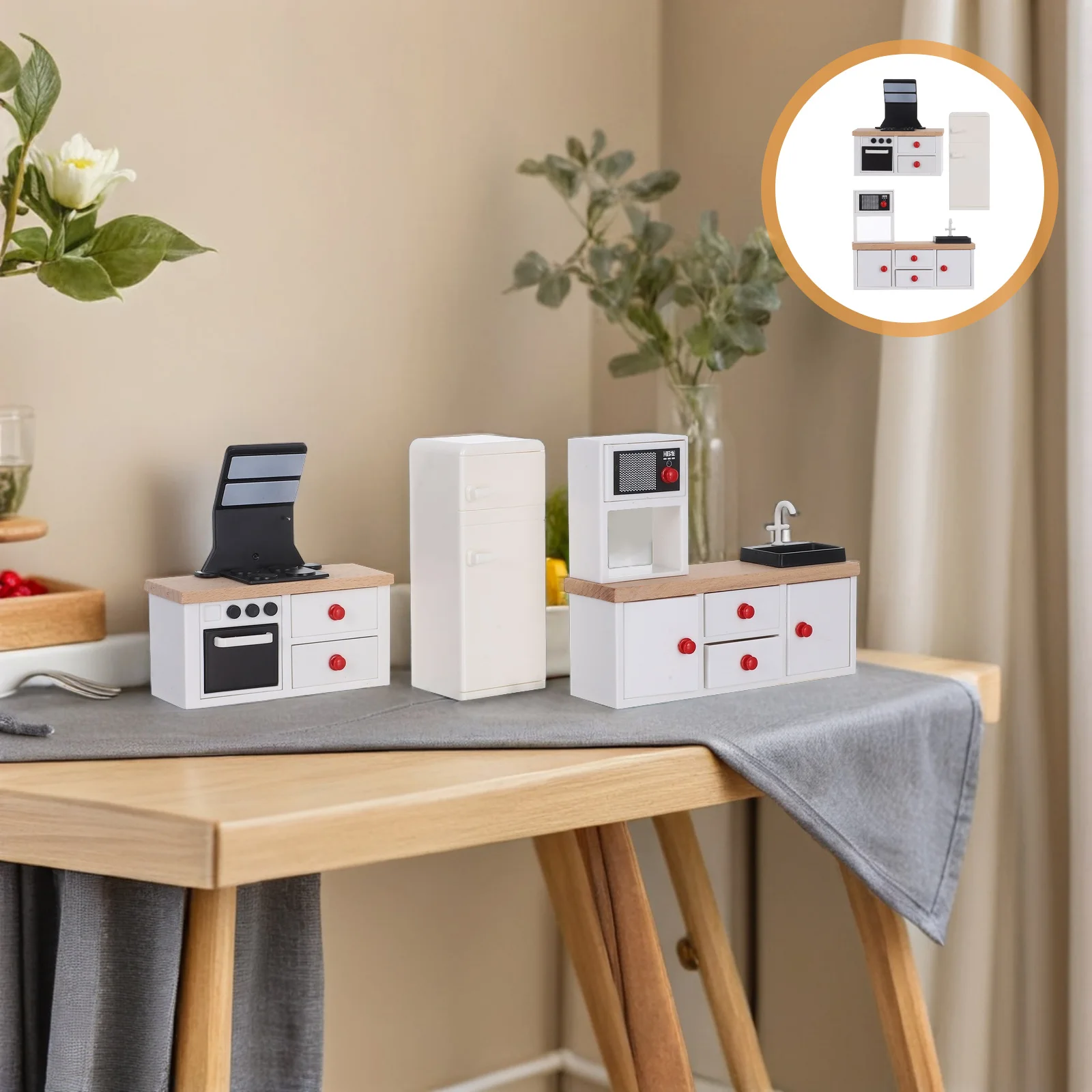 

3pcs Mini European Style Kitchen Set Realistic Dollhouse Furniture Accessories Mini Fridge Cabinet Stove Pretend Play Kitchen