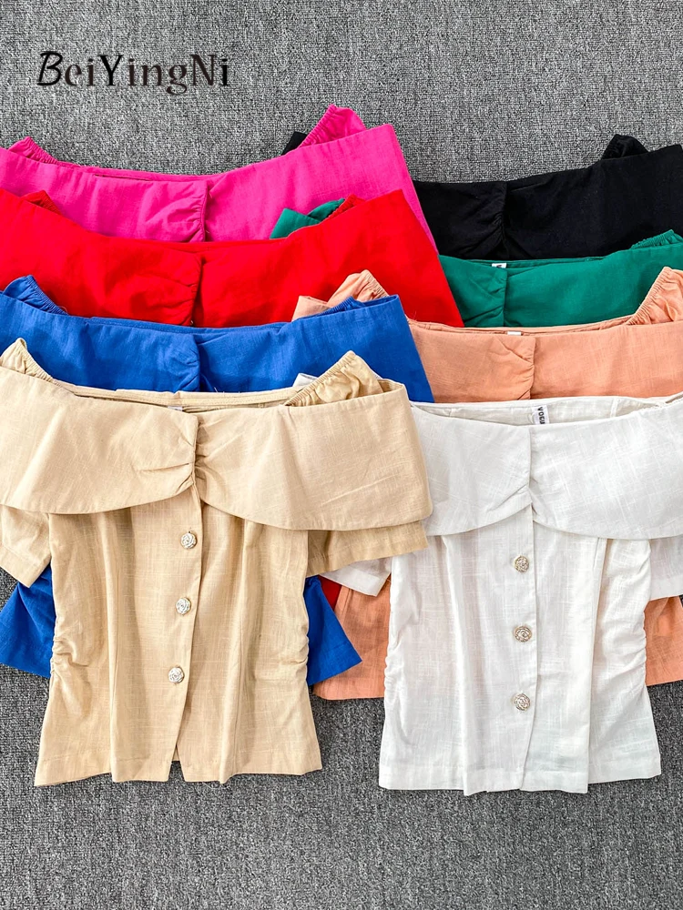 

Beiyingni Beiyingni 2025 New Fashion Women Slash Neck Shirts Elegant Off Shoulder Ruffles Casual Tops for Ladies Plain Blouses